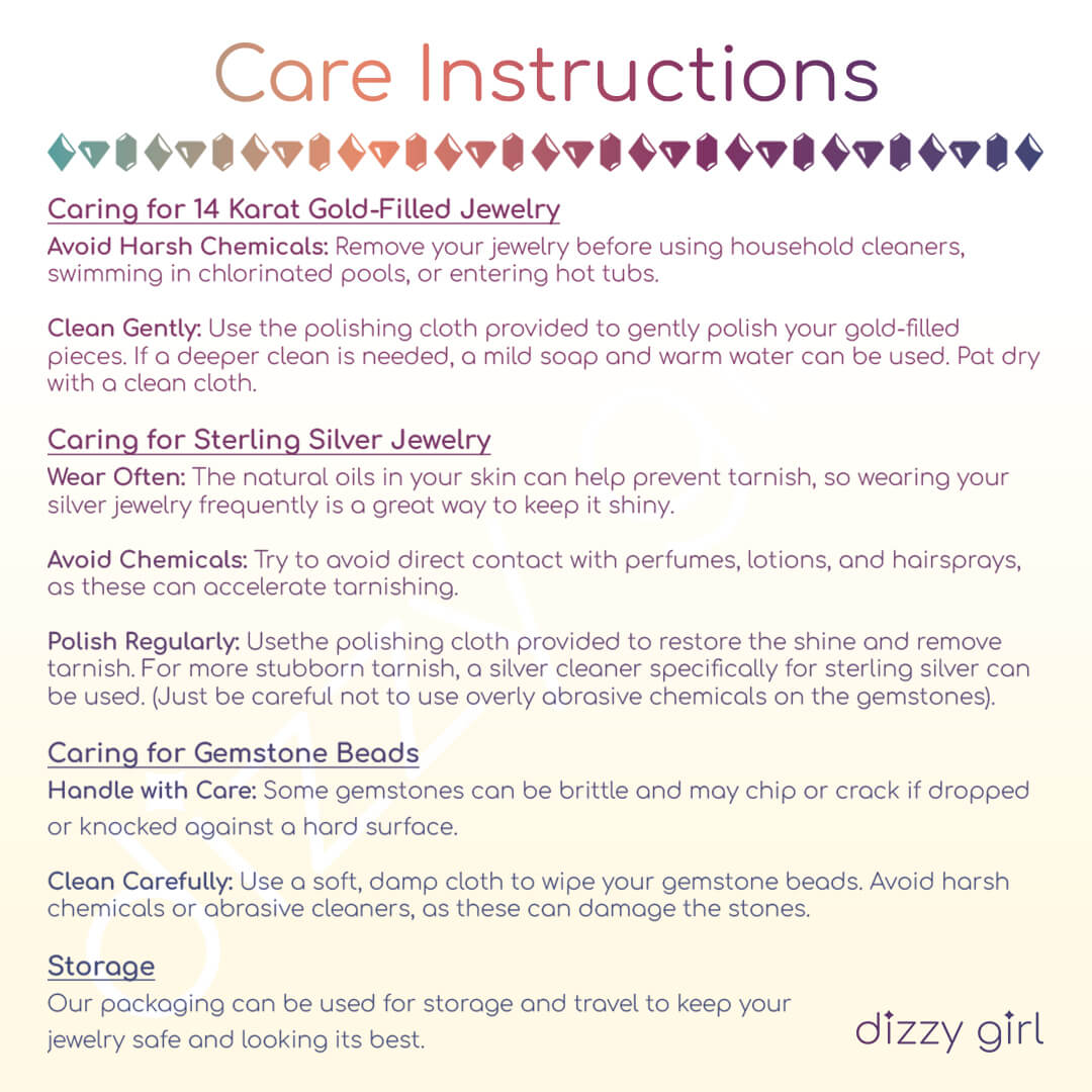 Care instructions for jewelry care on a white background with 'dizzy girl' branding.
