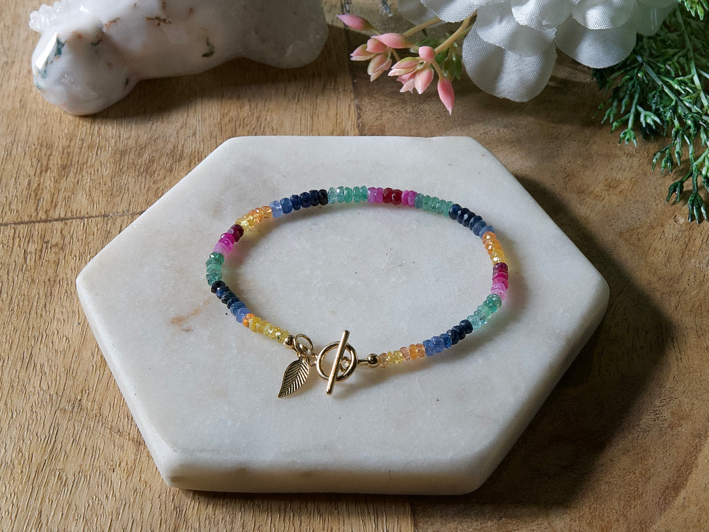 Multi-Coloured Sapphire Bracelet with 14k Gold Filled Toggle Clasp and Charm