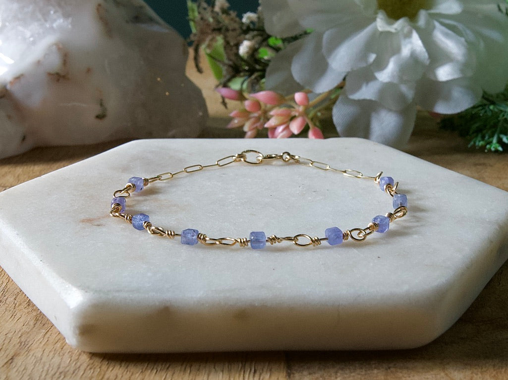 Natural Birthstone Wire Wrapped Link Bracelet - 14k Gold Fill or Sterling Silver - Custom Gemstone Jewelry