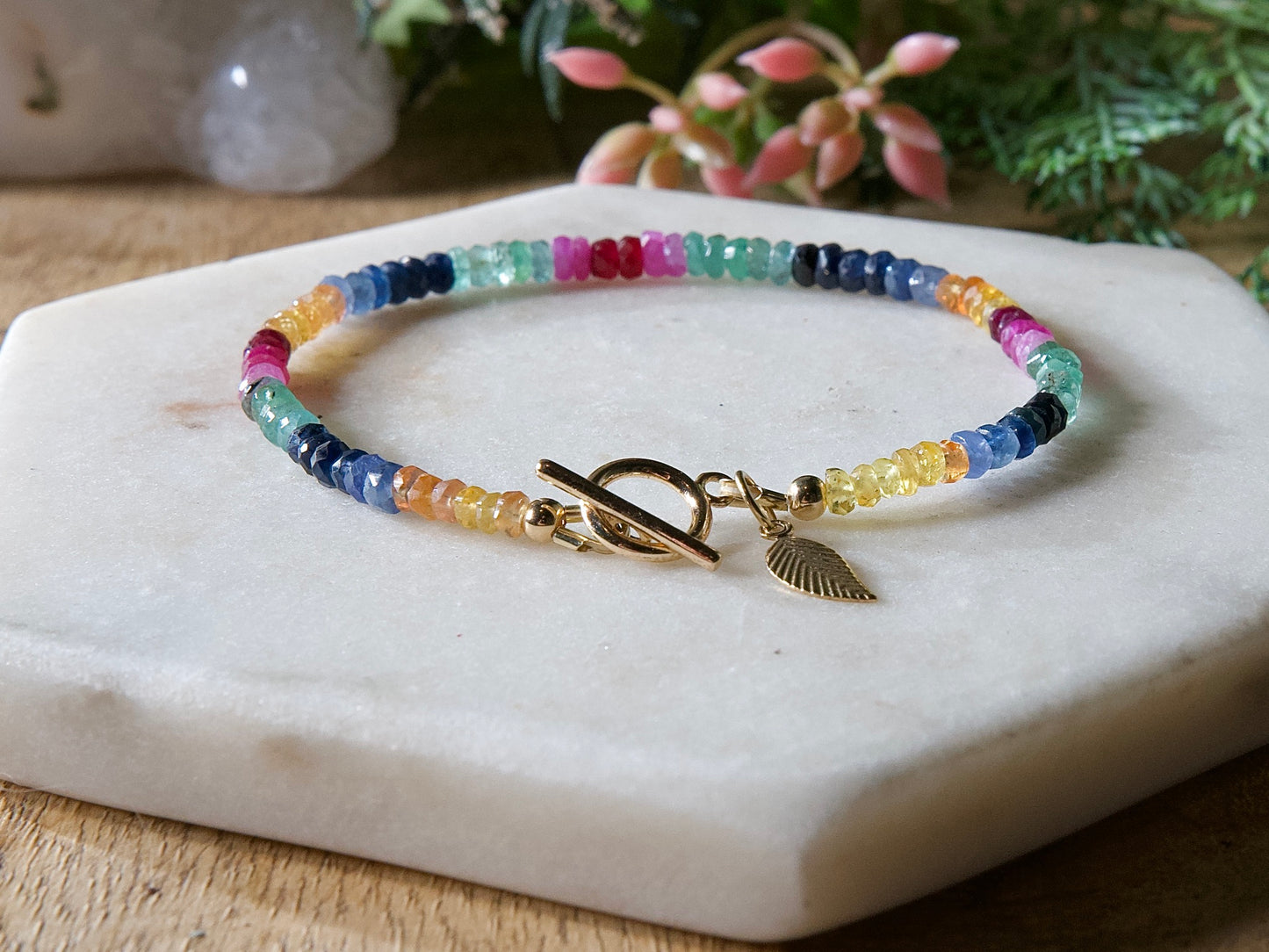 Multi-Coloured Sapphire Bracelet with 14k Gold Filled Toggle Clasp and Charm