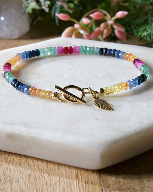 Multi-Coloured Sapphire Bracelet with 14k Gold Filled Toggle Clasp and Charm