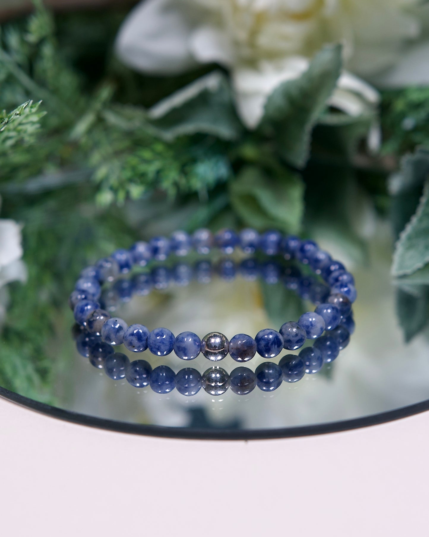 Blue Spot Jasper Gemstone Stretch Bracelet with Sterling Silver Accent Bead