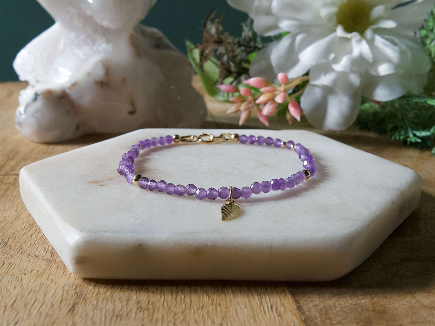 Dainty amethyst gemstone beaded bracelet with 14k gold-filled charm and spring ring clasp
