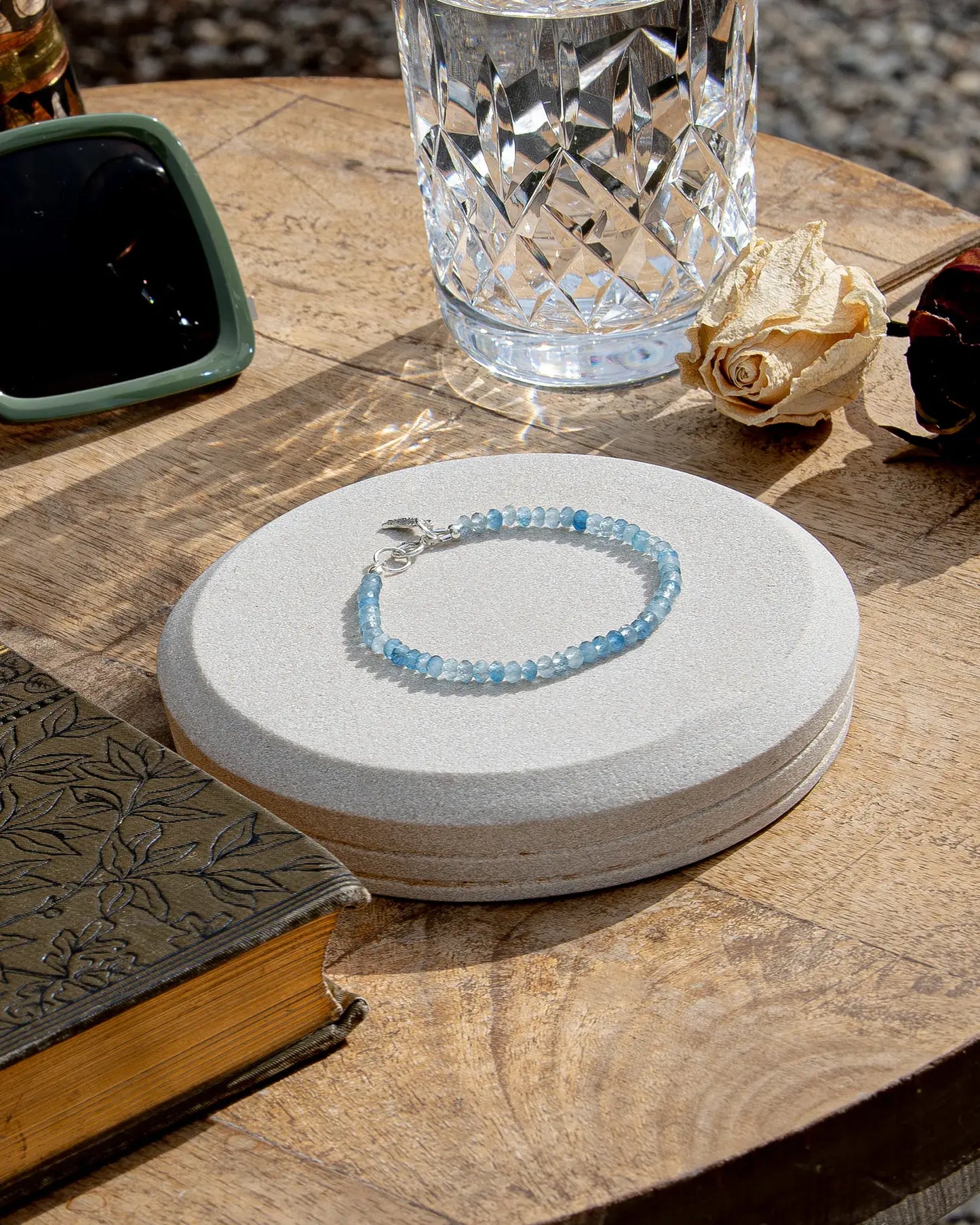 Aquamarine AAA Beaded Bracelet with Charm - Sterling Silver