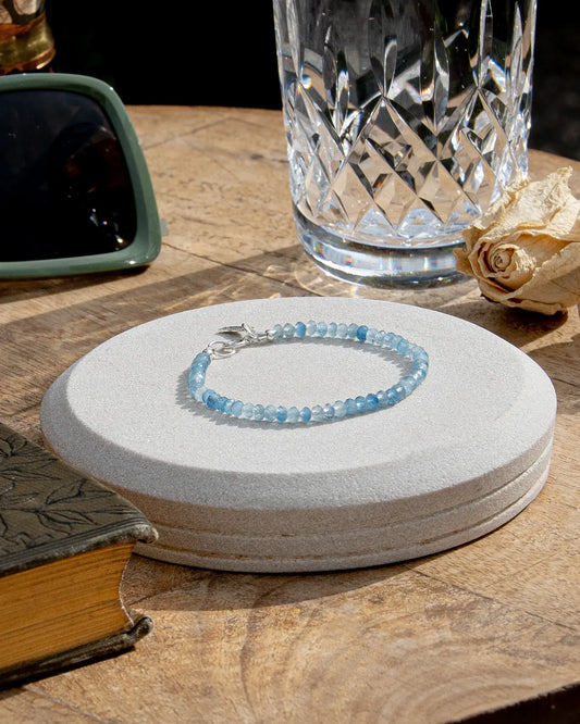 Aquamarine AAA Beaded Bracelet with Charm - Sterling Silver