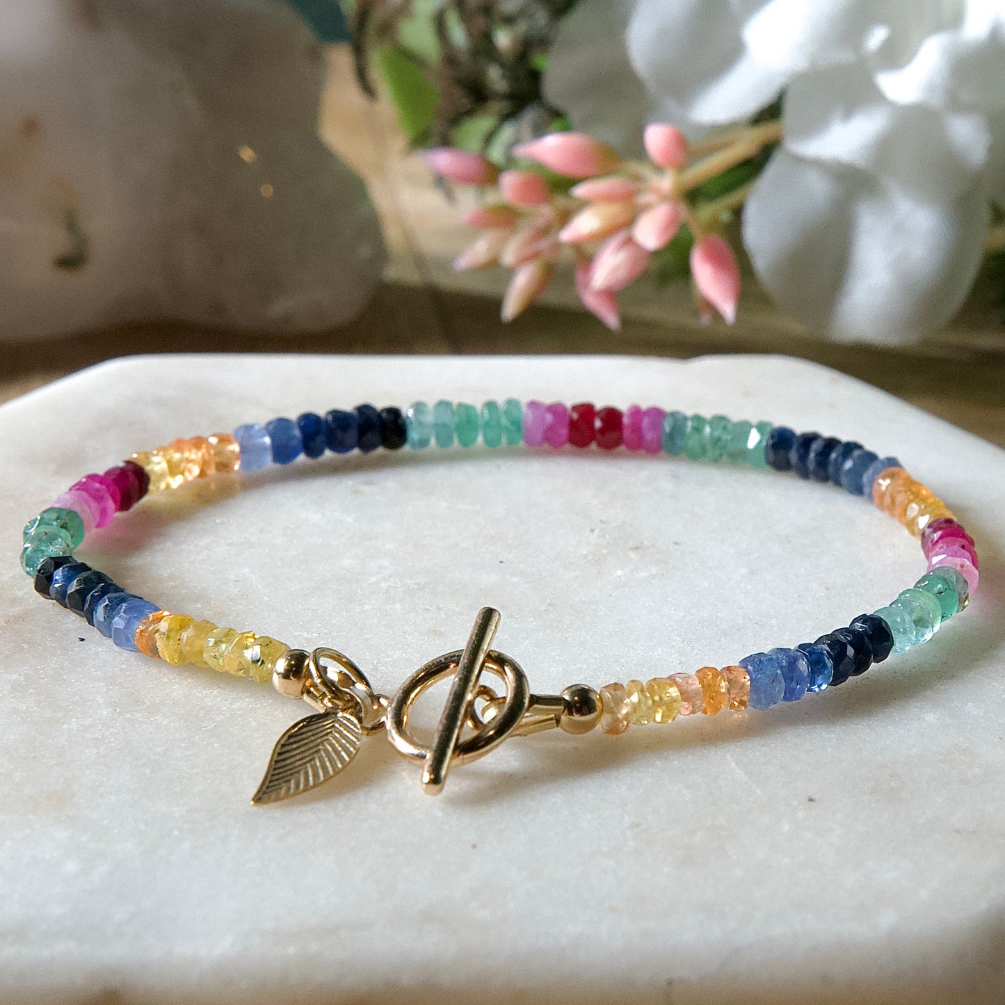 Multi-Coloured Sapphire Bracelet with 14k Gold Filled Toggle Clasp and Charm