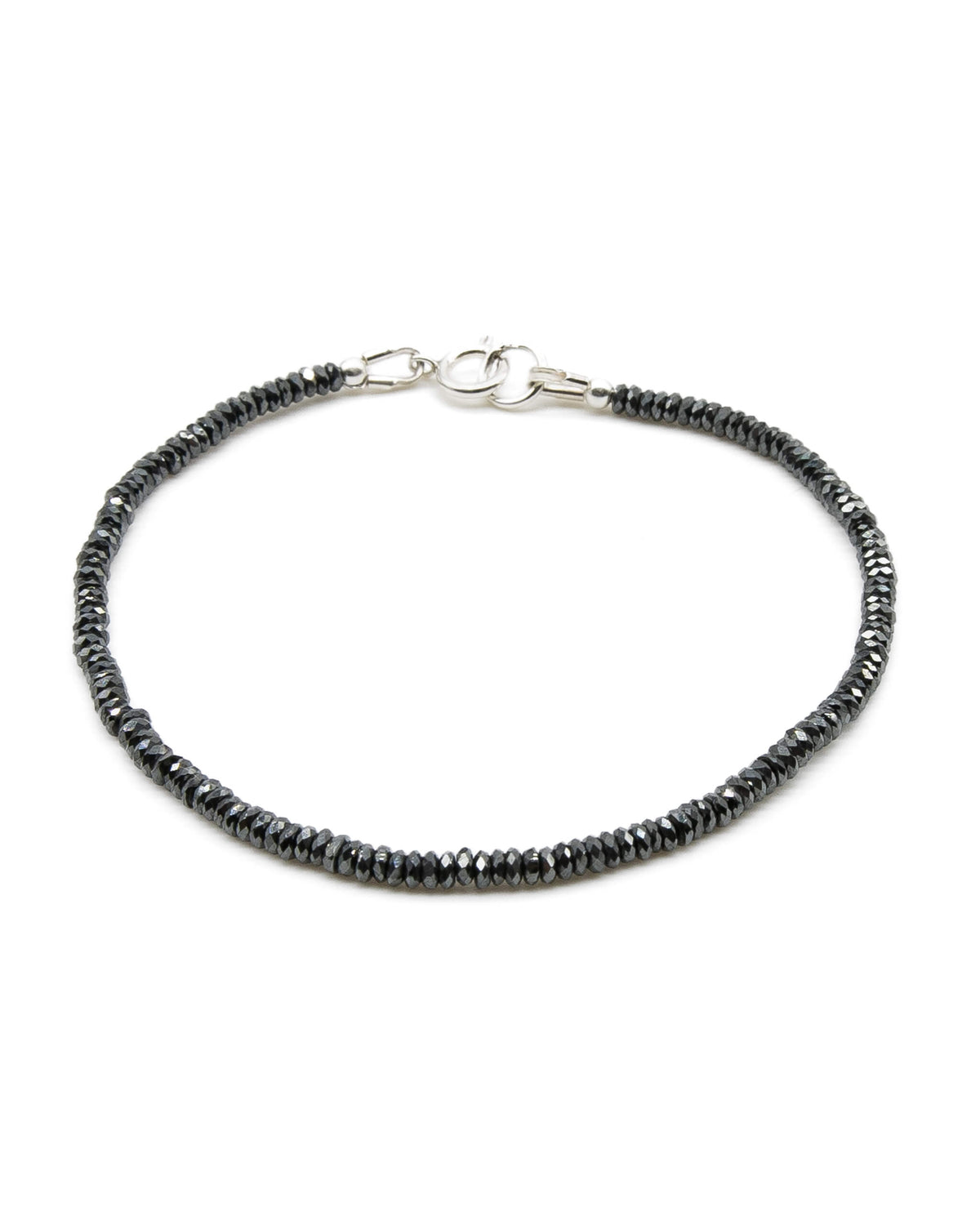 Dainty faceted black hematite beaded gemstone bracelet with sterling silver spring ring clasp.