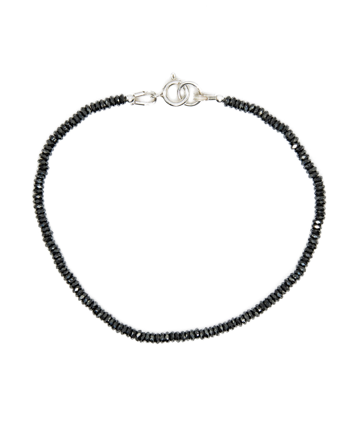 Dainty faceted black hematite beaded gemstone bracelet with sterling silver spring ring clasp.