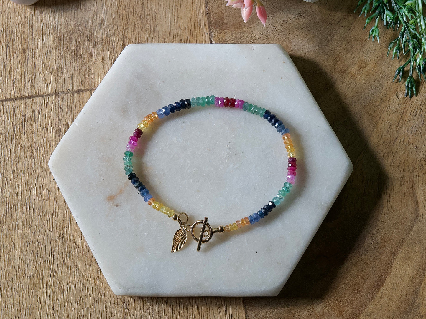 Multi-Coloured Sapphire Bracelet with 14k Gold Filled Toggle Clasp and Charm