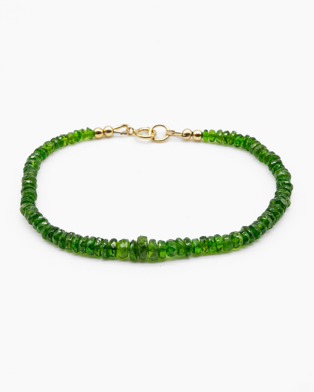Bright green chrome diopside beaded gemstone bracelet with 14k gold-filled spring ring clasp.