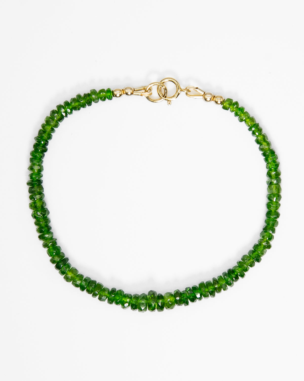 Bright green chrome diopside beaded gemstone bracelet with 14k gold-filled spring ring clasp.
