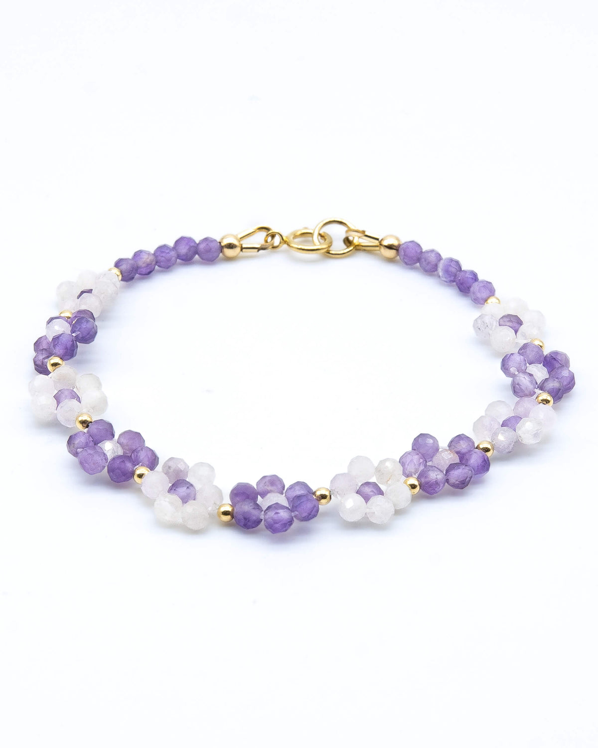 Dark and light purple amethyst beaded daisy chain bracelet with 14k gold-filled accents and spring ring clasp.