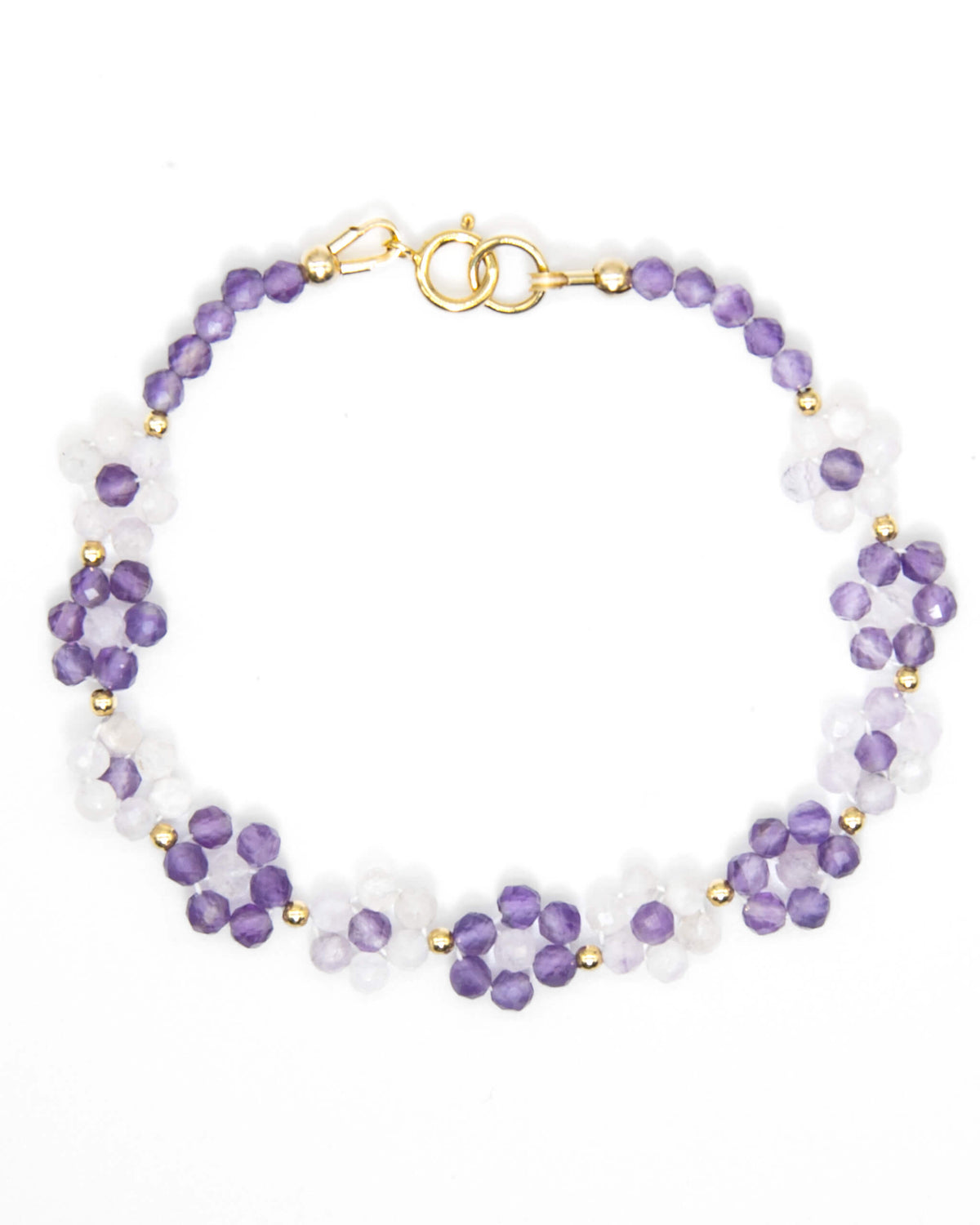 Dark and light purple amethyst beaded daisy chain bracelet with 14k gold-filled accents and spring ring clasp.