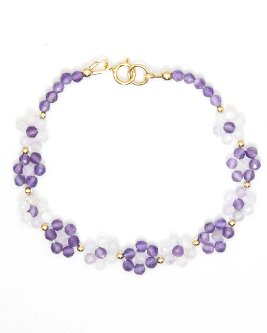 Dark and light purple amethyst beaded daisy chain bracelet with 14k gold-filled accents and spring ring clasp.