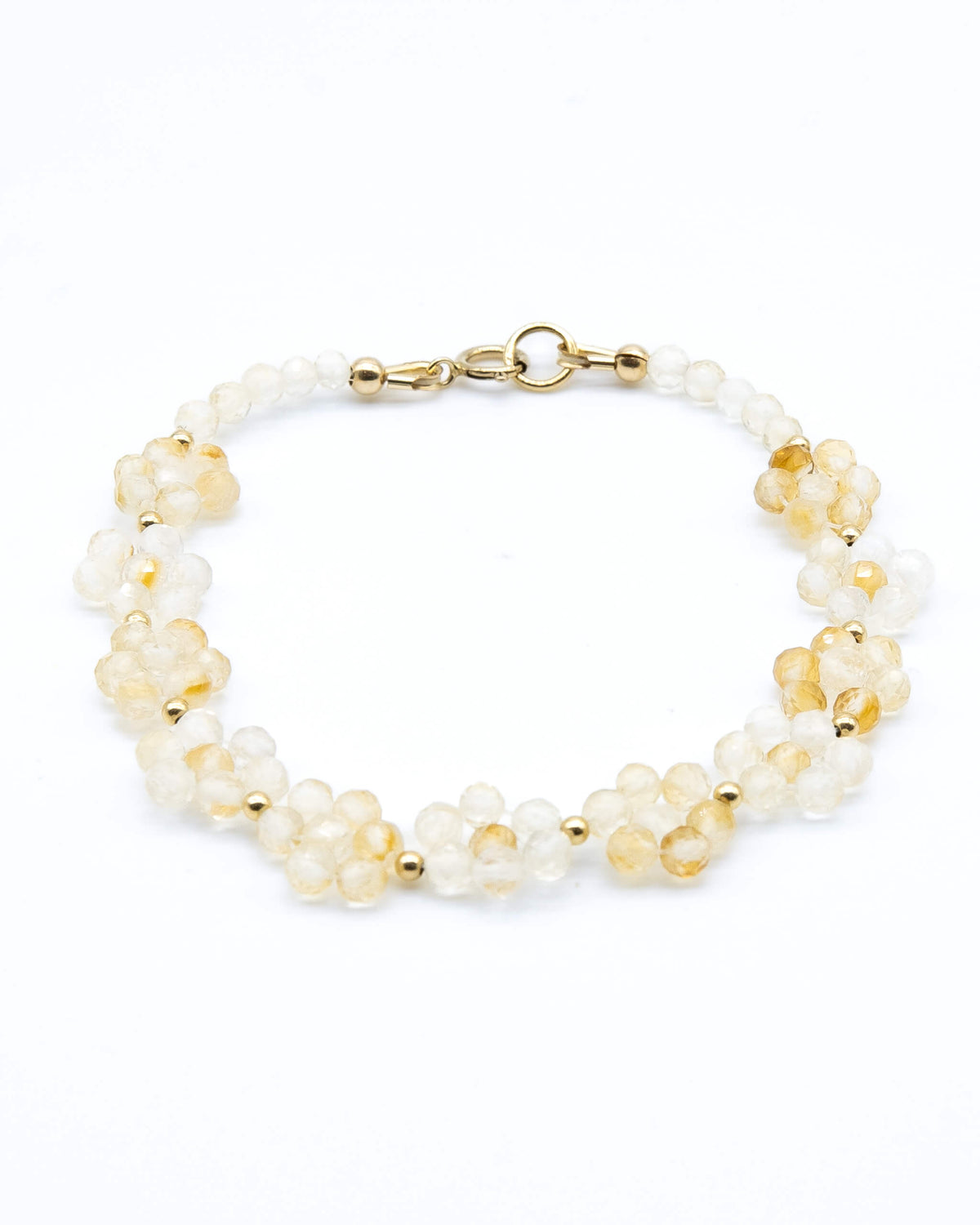 Light and bright yellow Citrine beaded daisy chain bracelet with 14k gold-filled accents and spring ring clasp.