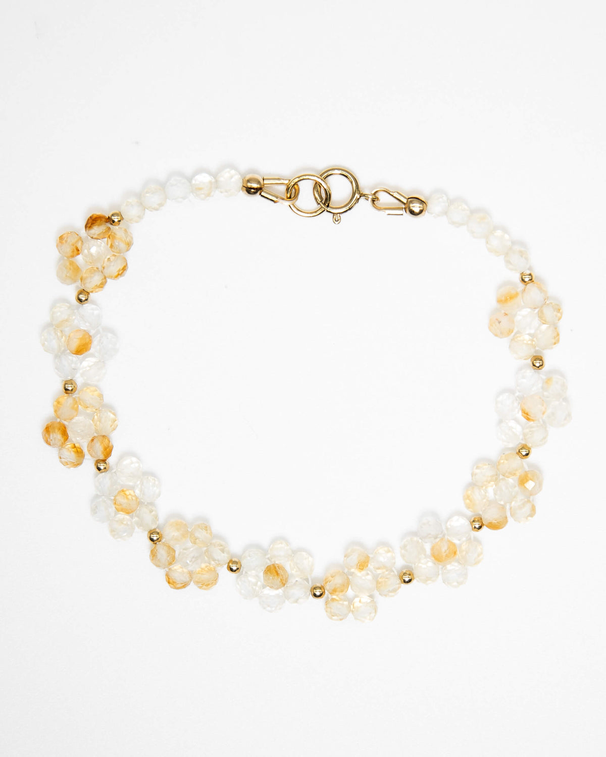 Light and bright yellow Citrine beaded daisy chain bracelet with 14k gold-filled accents and spring ring clasp.