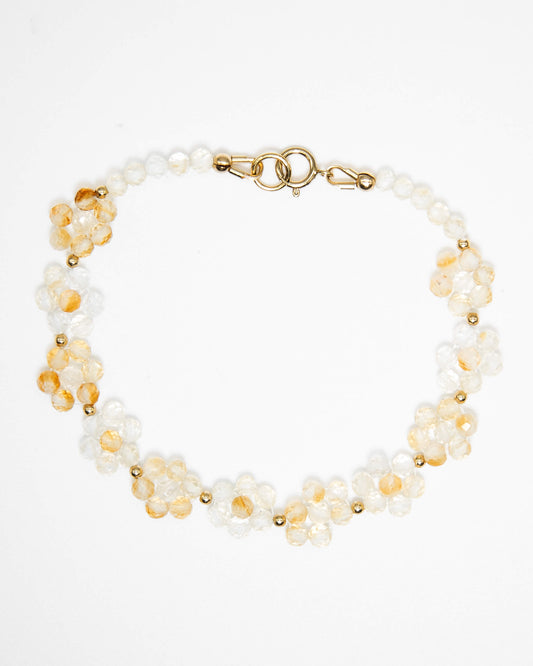 Light and bright yellow Citrine beaded daisy chain bracelet with 14k gold-filled accents and spring ring clasp.