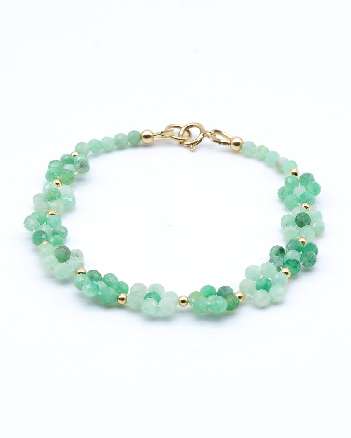 Pale and bright green Emerald beaded daisy chain bracelet with 14k gold-filled accents and spring ring clasp.