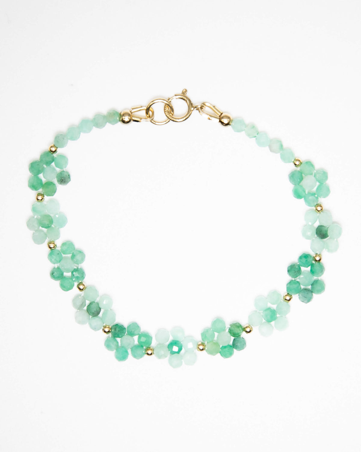 Pale and bright green Emerald beaded daisy chain bracelet with 14k gold-filled accents and spring ring clasp.