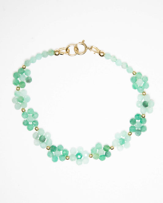 Pale and bright green Emerald beaded daisy chain bracelet with 14k gold-filled accents and spring ring clasp.