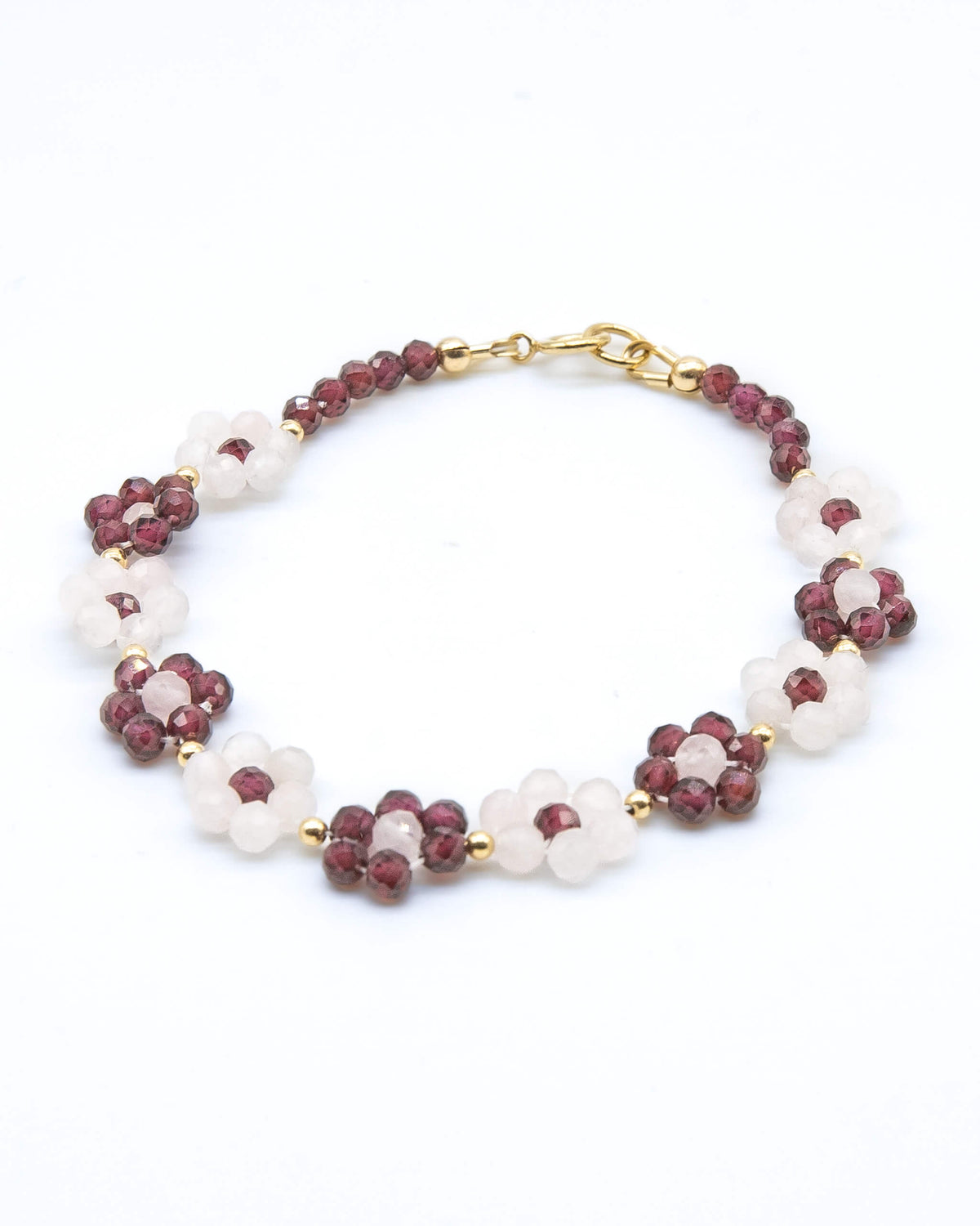 Garnet and Rose Quartz beaded daisy-chain bracelet with 14k gold-filled accents and spring ring clasp.