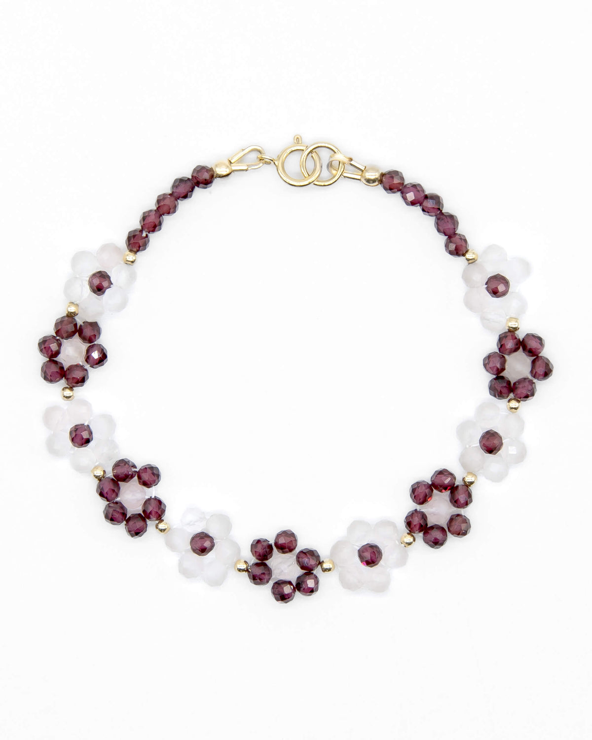 Garnet and Rose Quartz beaded daisy-chain bracelet with 14k gold-filled accents and spring ring clasp.