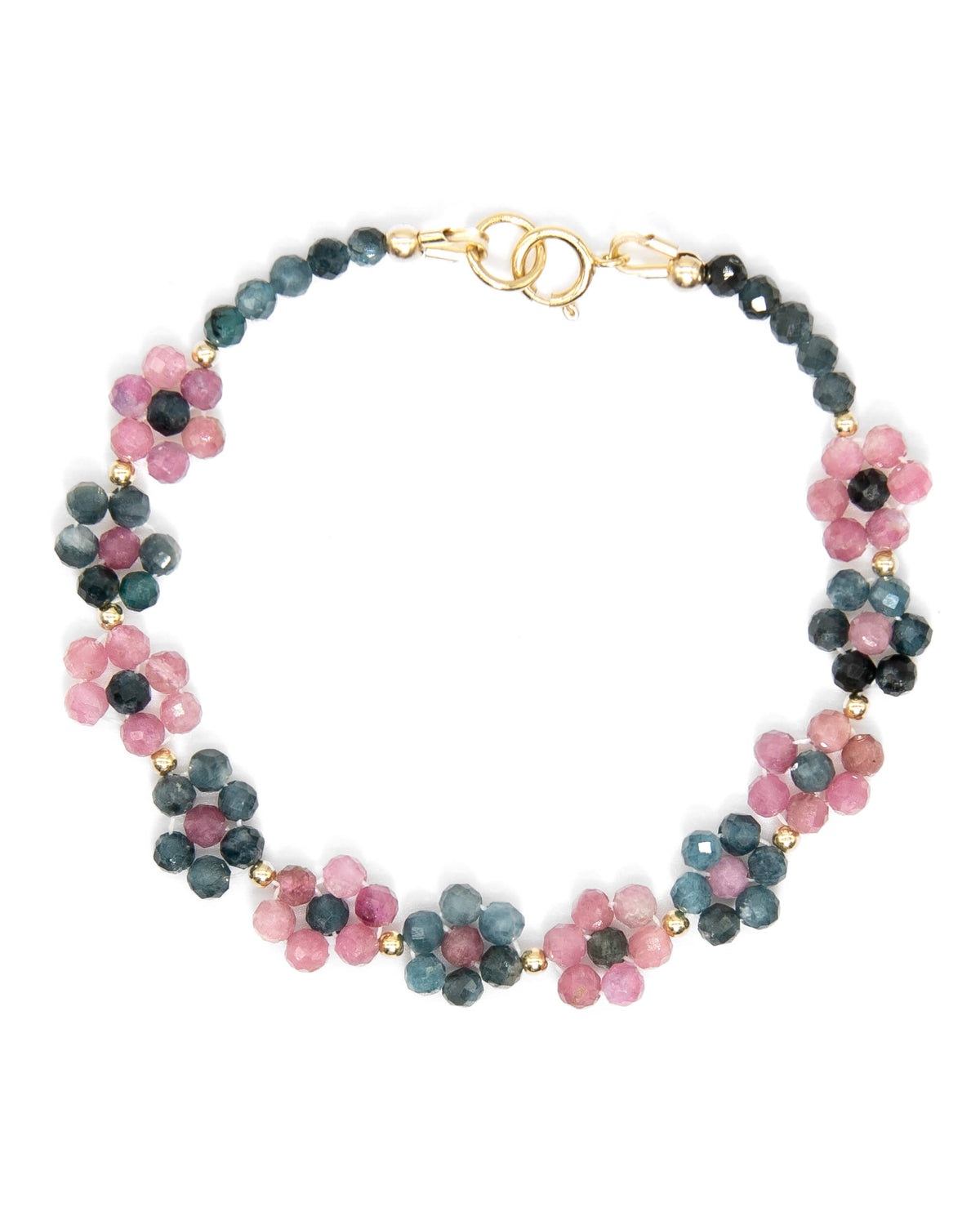 Pink and blue Tourmaline beaded daisy bracelet with 14k gold-filled accents and spring ring clasp.