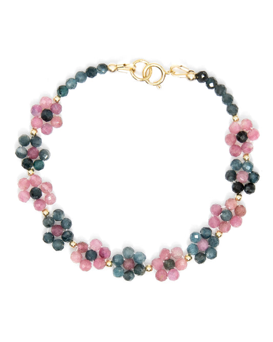 Pink and blue Tourmaline beaded daisy bracelet with 14k gold-filled accents and spring ring clasp.