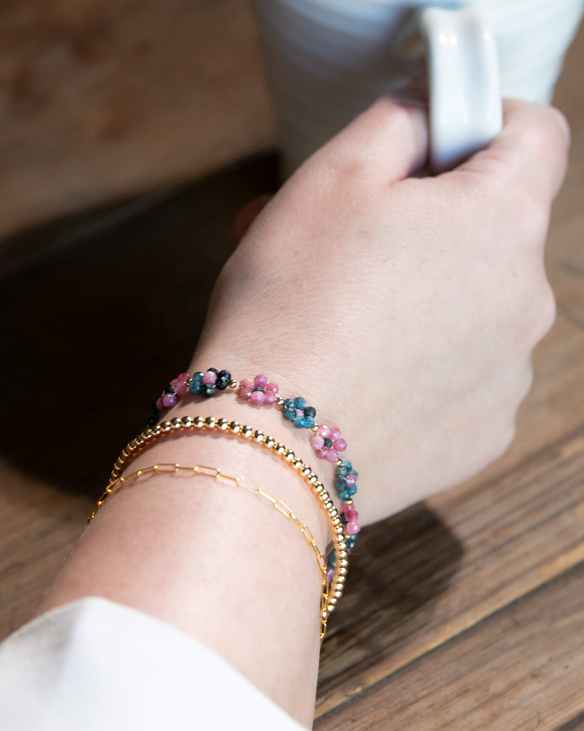 Pink and blue Tourmaline beaded daisy bracelet with 14k gold-filled accents and spring ring clasp.