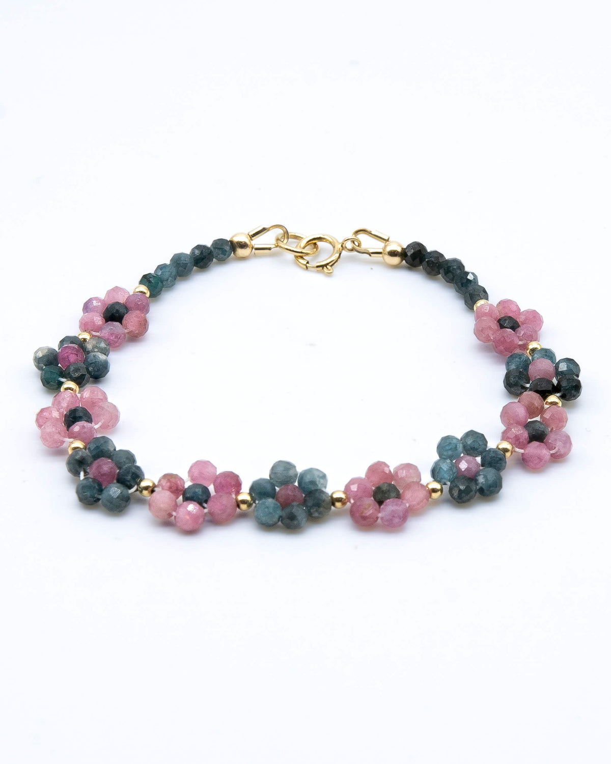 Pink and blue Tourmaline beaded daisy bracelet with 14k gold-filled accents and spring ring clasp.