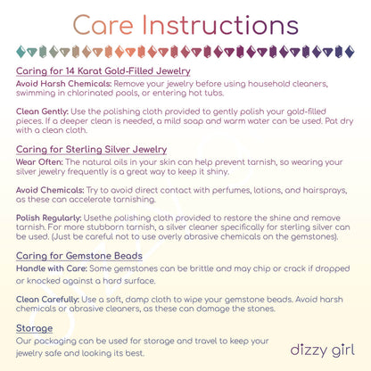 Care instructions for jewelry care on a white background with 'dizzy girl' branding.