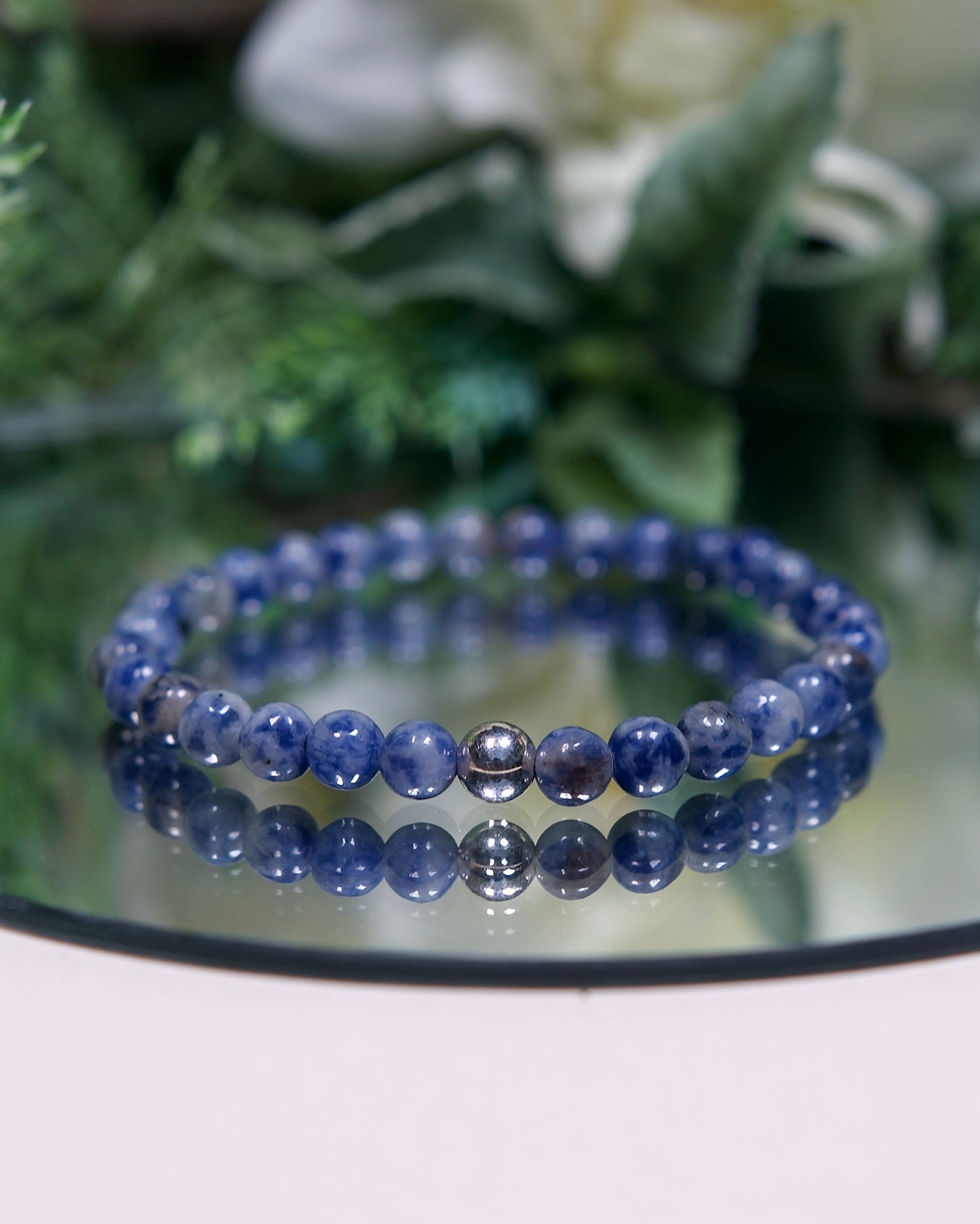 Blue Spot Jasper Gemstone Stretch Bracelet with Sterling Silver Accent Bead