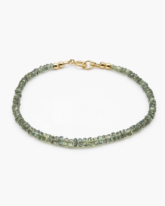 Earthy, muted green Sapphire beaded gemstone bracelet with 14k gold-filled spring ring clasp.
