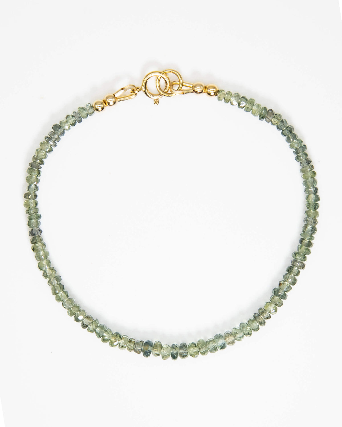 Earthy, muted green Sapphire beaded gemstone bracelet with 14k gold-filled spring ring clasp.
