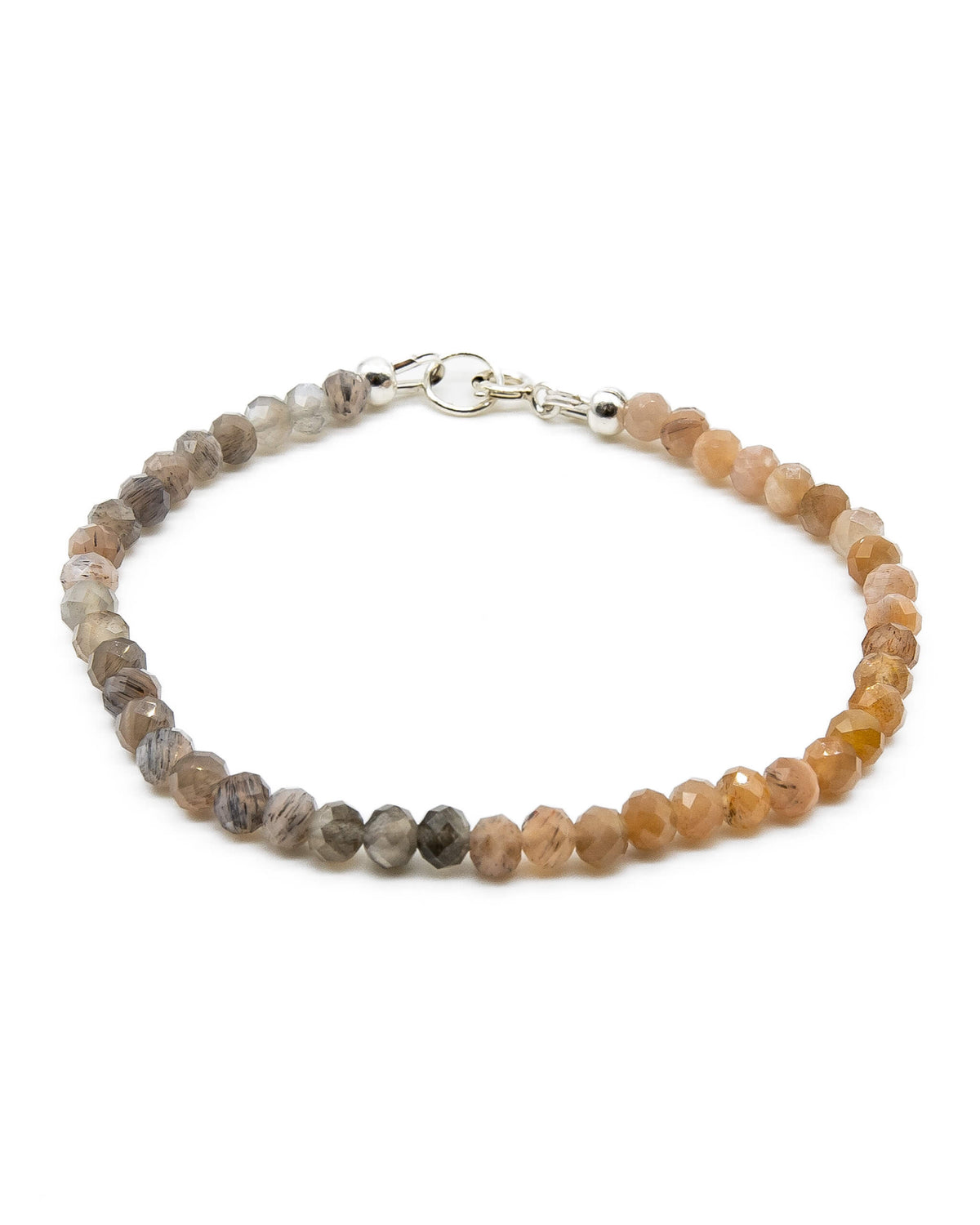Peach and grey moonstone beaded gemstone bracelet with sterling silver spring ring clasp