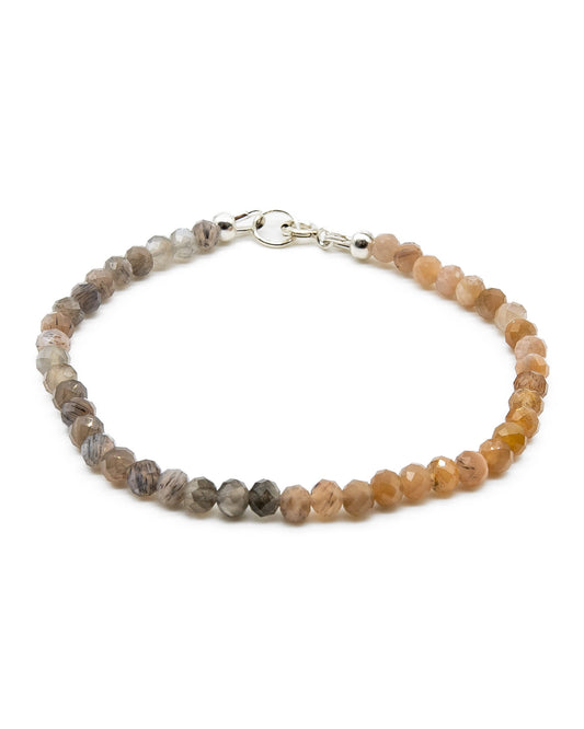 Peach and grey moonstone beaded gemstone bracelet with sterling silver spring ring clasp