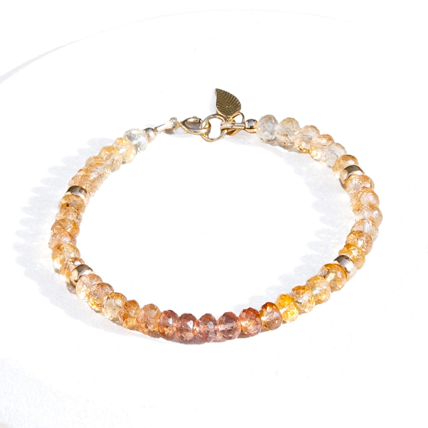 Dizzy Girl Imperial Topaz 14k Gold-Filled Faceted Rondelle Bracelet with Leaf Charm