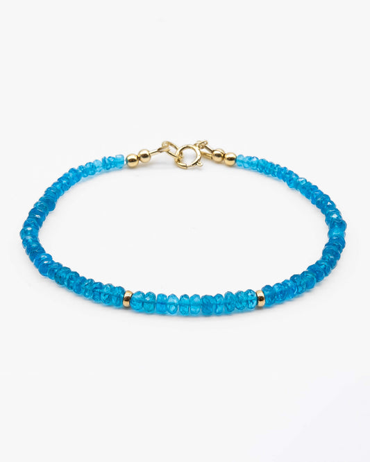 Neon blue Apatite beaded gemstone bracelet with 14k gold-filled accents and spring ring clasp.