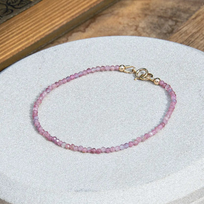 Handcrafted dainty pink tourmaline beaded bracelet with 14k gold-filled spring ring clasp