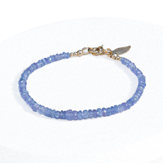 Dizzy Girl Tanzanite AAA 14k Gold-Filled Graduated Faceted Rondelle Bracelet with Leaf Charm