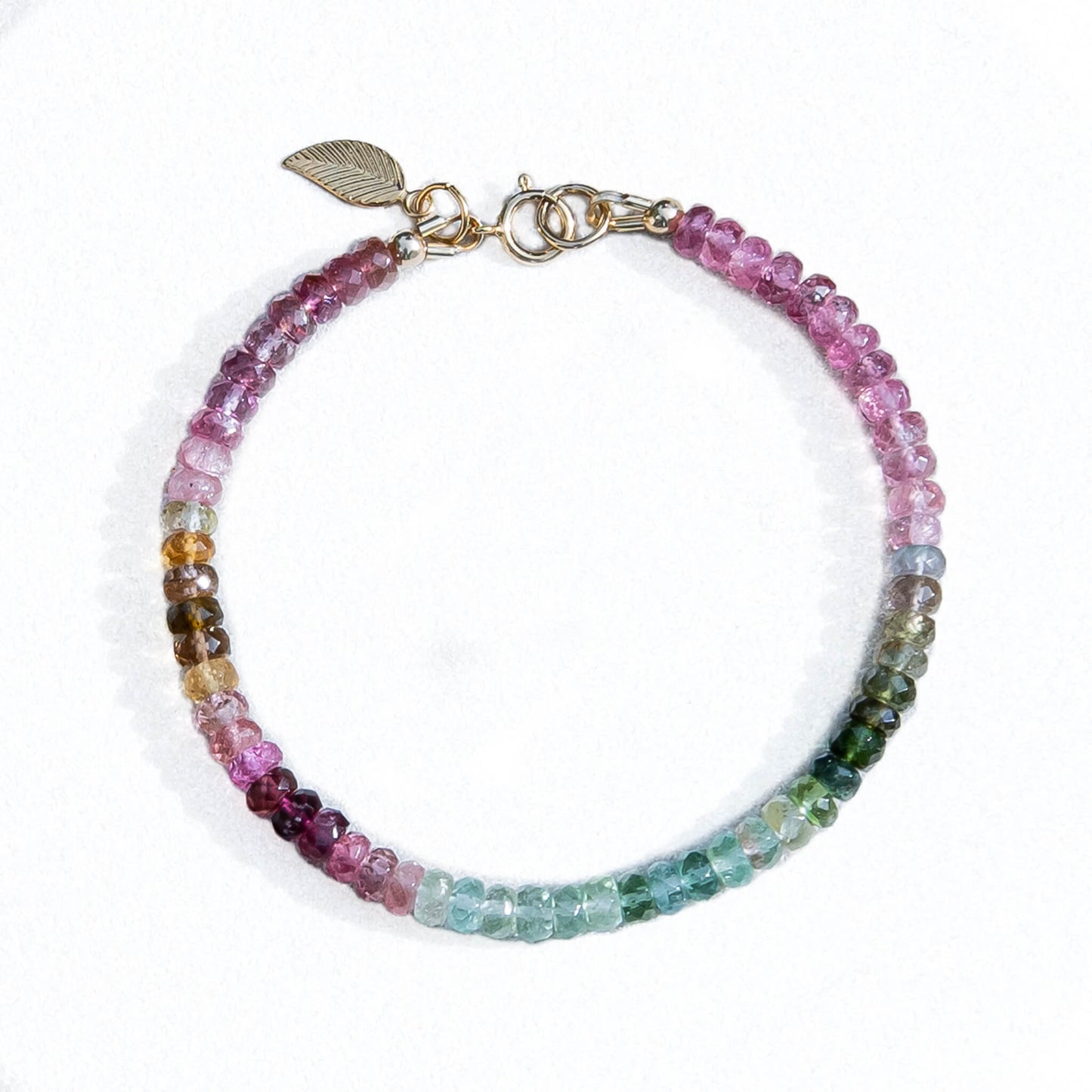 Dizzy Girl Watermelon Tourmaline AAA 14k Gold-Filled Faceted Rondelle Bracelet with Leaf Charm