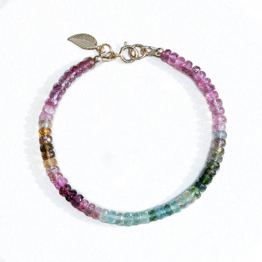 Dizzy Girl Watermelon Tourmaline AAA 14k Gold-Filled Faceted Rondelle Bracelet with Leaf Charm