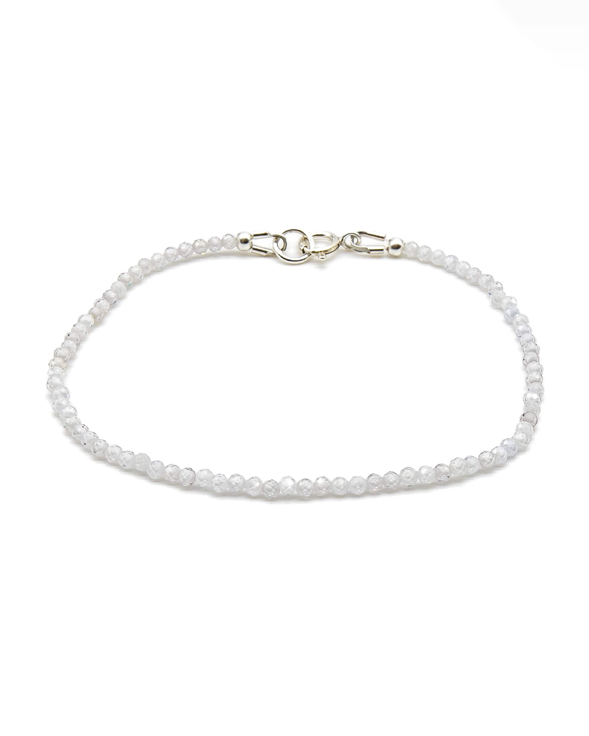Dainty white zircon beaded gemstone bracelet with sterling silver spring ring clasp.