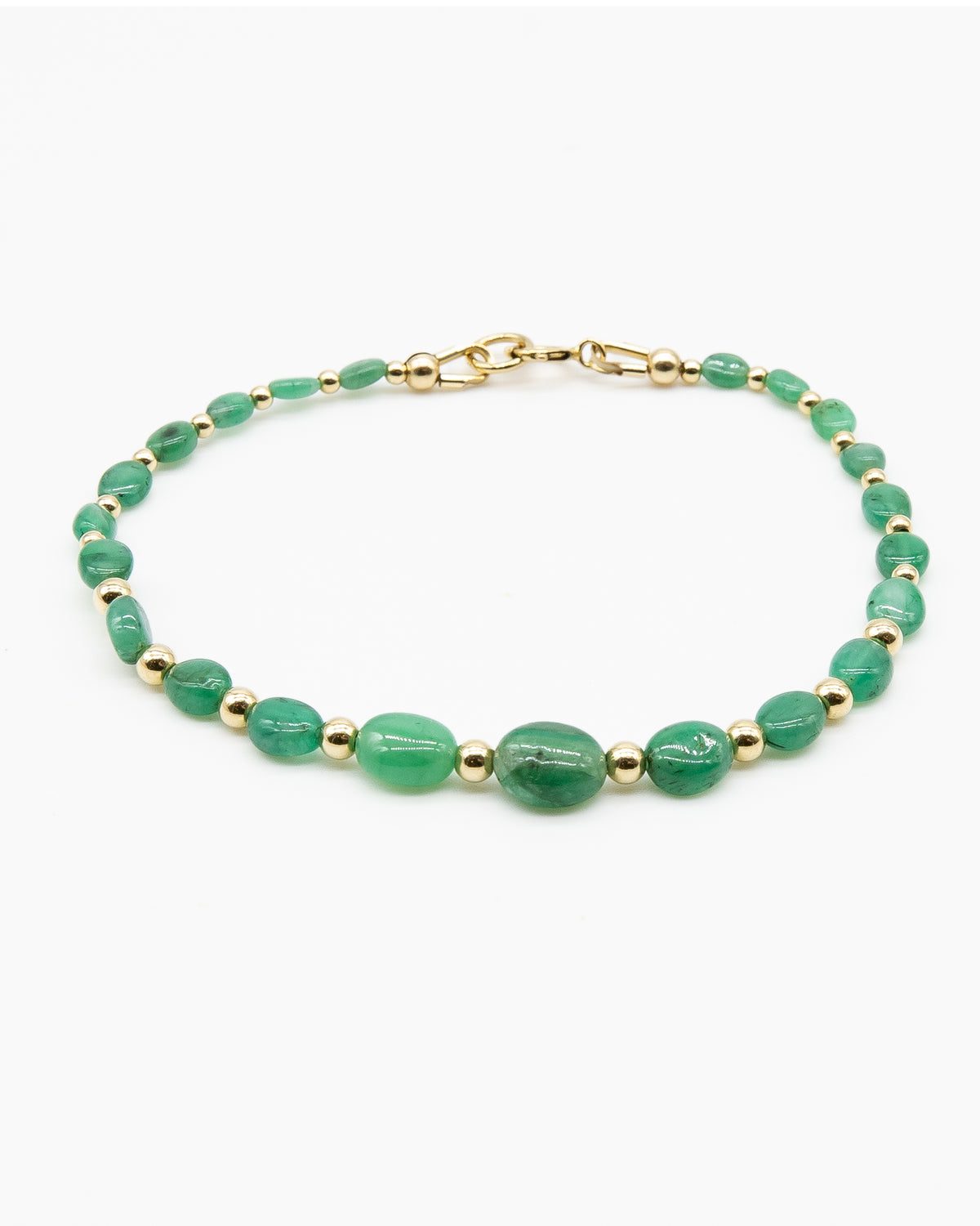 Dark green oval-shaped smooth  Zambian Emerald beaded bracelet with alternating 14k gold-filled accent beads and spring ring clasp